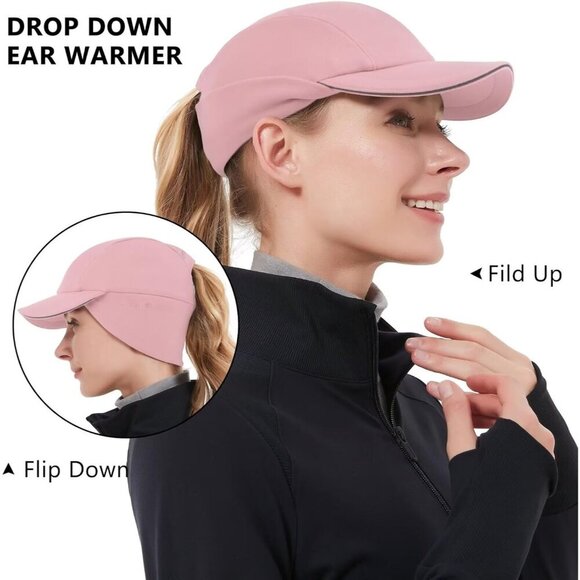 〽️Women\'s Pink Winter Reflective Fleece Ponytail Hat with Ear Warmers main image 5